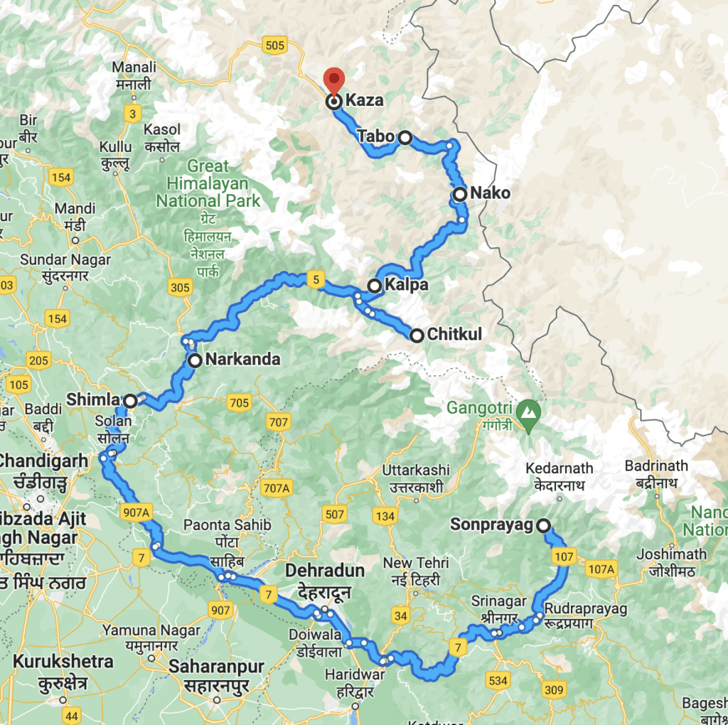 Sonprayag to Kaza Route Map